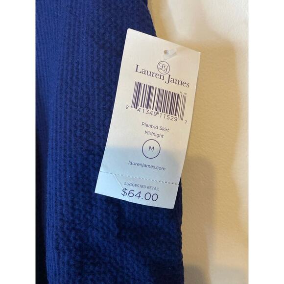 NWT Lauren James Navy Blue Seersucker Pleated Skirt Pockets Preppy Medium - Picture 3 of 11